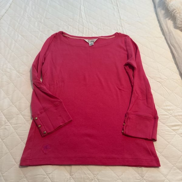 Lilly Pulitzer Pink Etta Boatneck Long Sleeve Top with Gold Button Cuffs