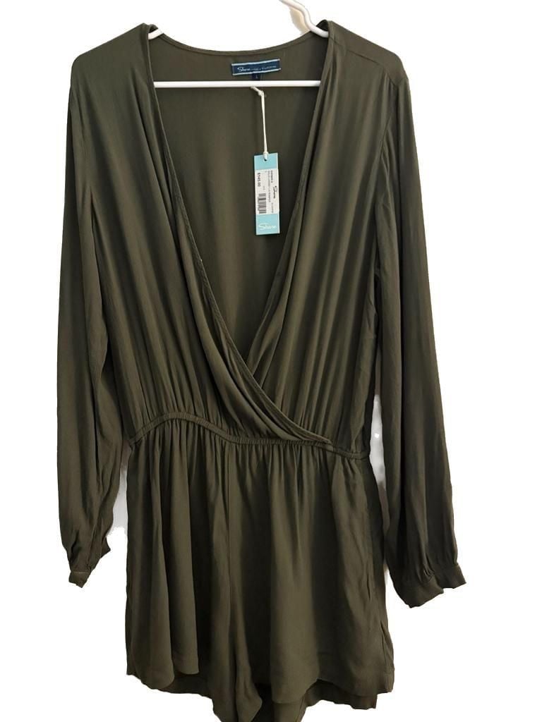 Shore Solid Lindsey Long Sleeve Romper Juniper Green Size L 2