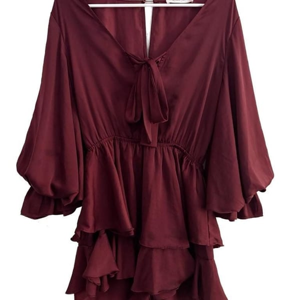 Mustard Seed Burgundy Tiered Ruffle Balloon Sleeve Romper Size S