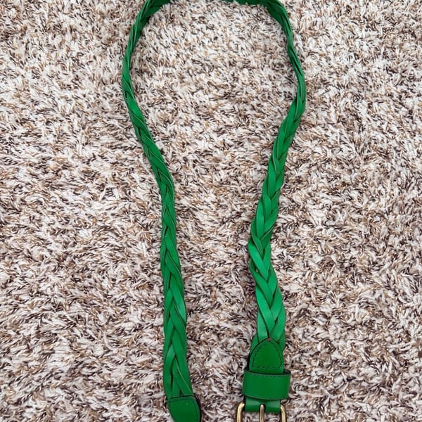 Women's Fern Green Woven Braided Leather Belt Size Small Brass Buckle