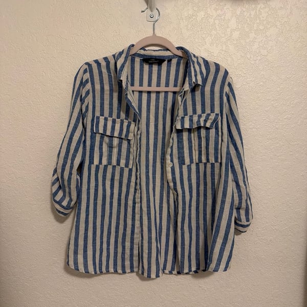 Amazon (N) Women's Summer Casual Beach Linen Shirt Sz M Stripe Dressy Flowy EUC