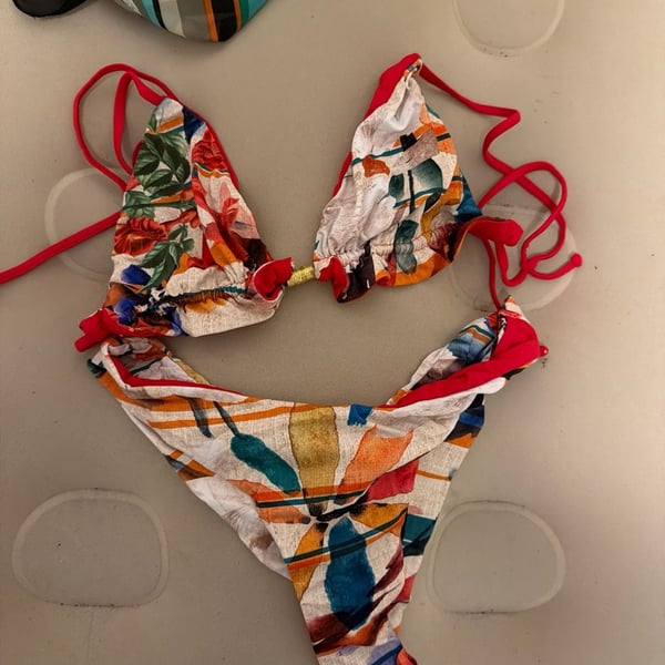 South Beach Tropical Flower Red Triangle Bikini Set with Gold Hardware