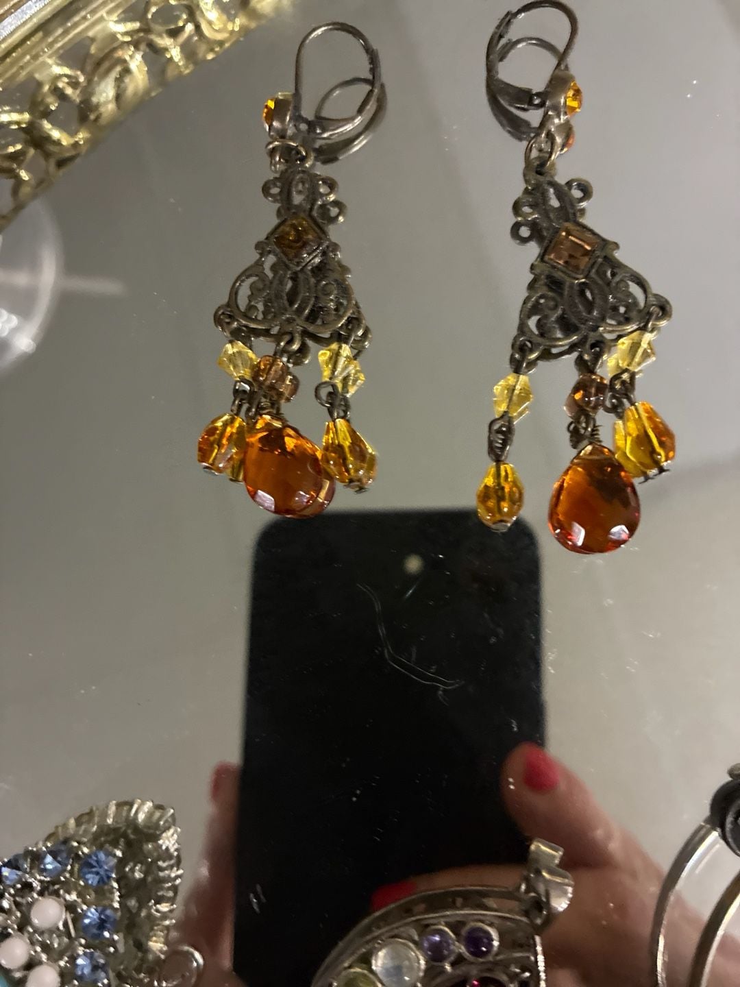 Sweet Romance Amber Crystal Victorian Style Filigree Chandelier Leverback Earrings 1