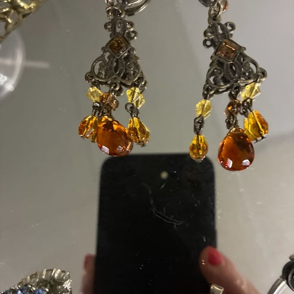 Sweet Romance Amber Crystal Victorian Style Filigree Chandelier Leverback Earrings