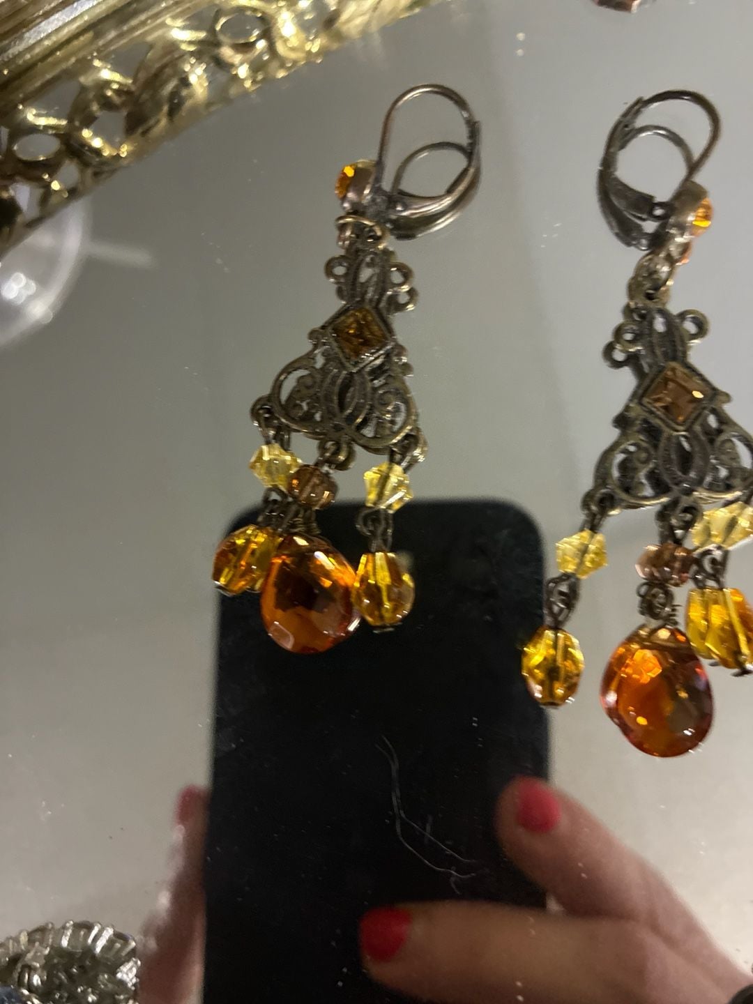 Sweet Romance Amber Crystal Victorian Style Filigree Chandelier Leverback Earrings 6