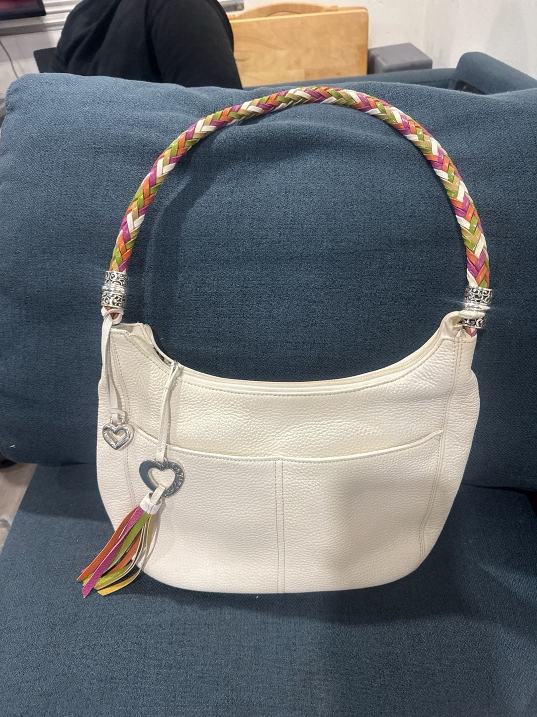 Brighton Barbados White Pebbled Leather Hobo Bag with Multi-Color Braided Strap 1