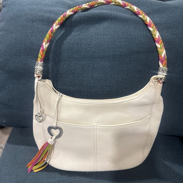 Brighton Barbados White Pebbled Leather Hobo Bag with Multi-Color Braided Strap