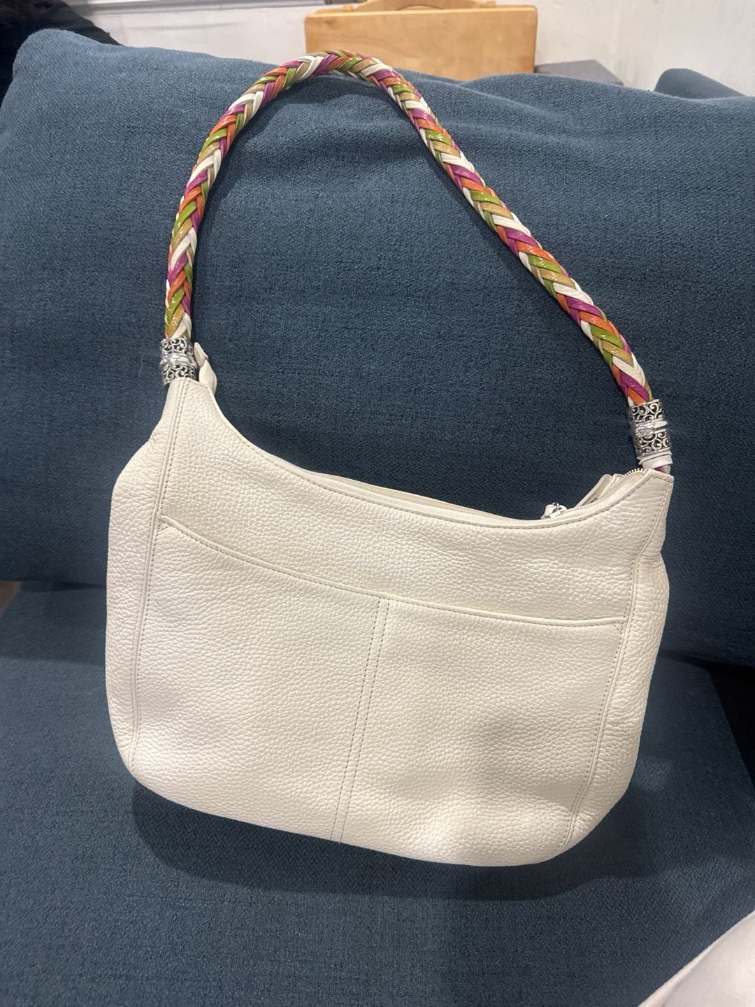 Brighton Barbados White Pebbled Leather Hobo Bag with Multi-Color Braided Strap 3