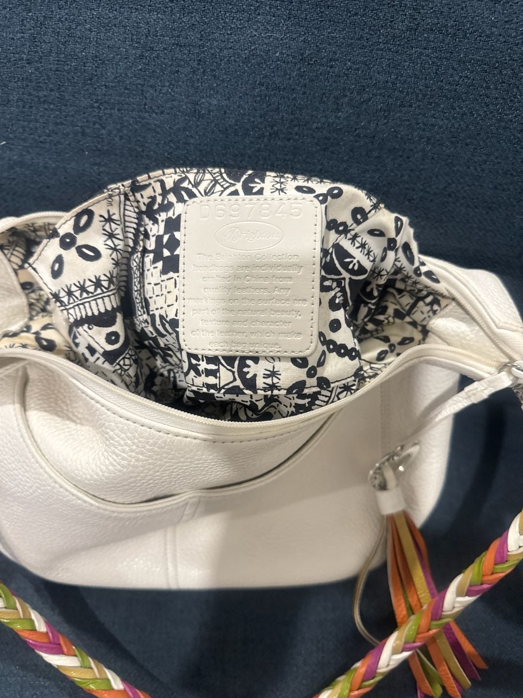 Brighton Barbados White Pebbled Leather Hobo Bag with Multi-Color Braided Strap 4