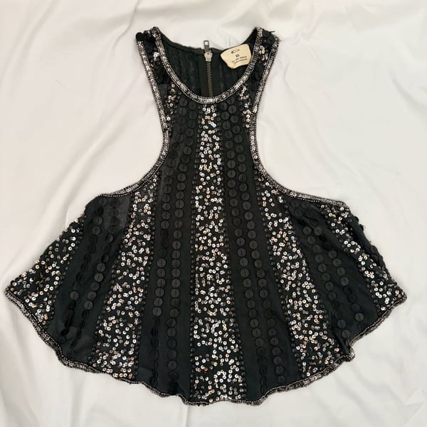 T-Bags Los Angeles Black Sequin Striped Peplum Top Size XS