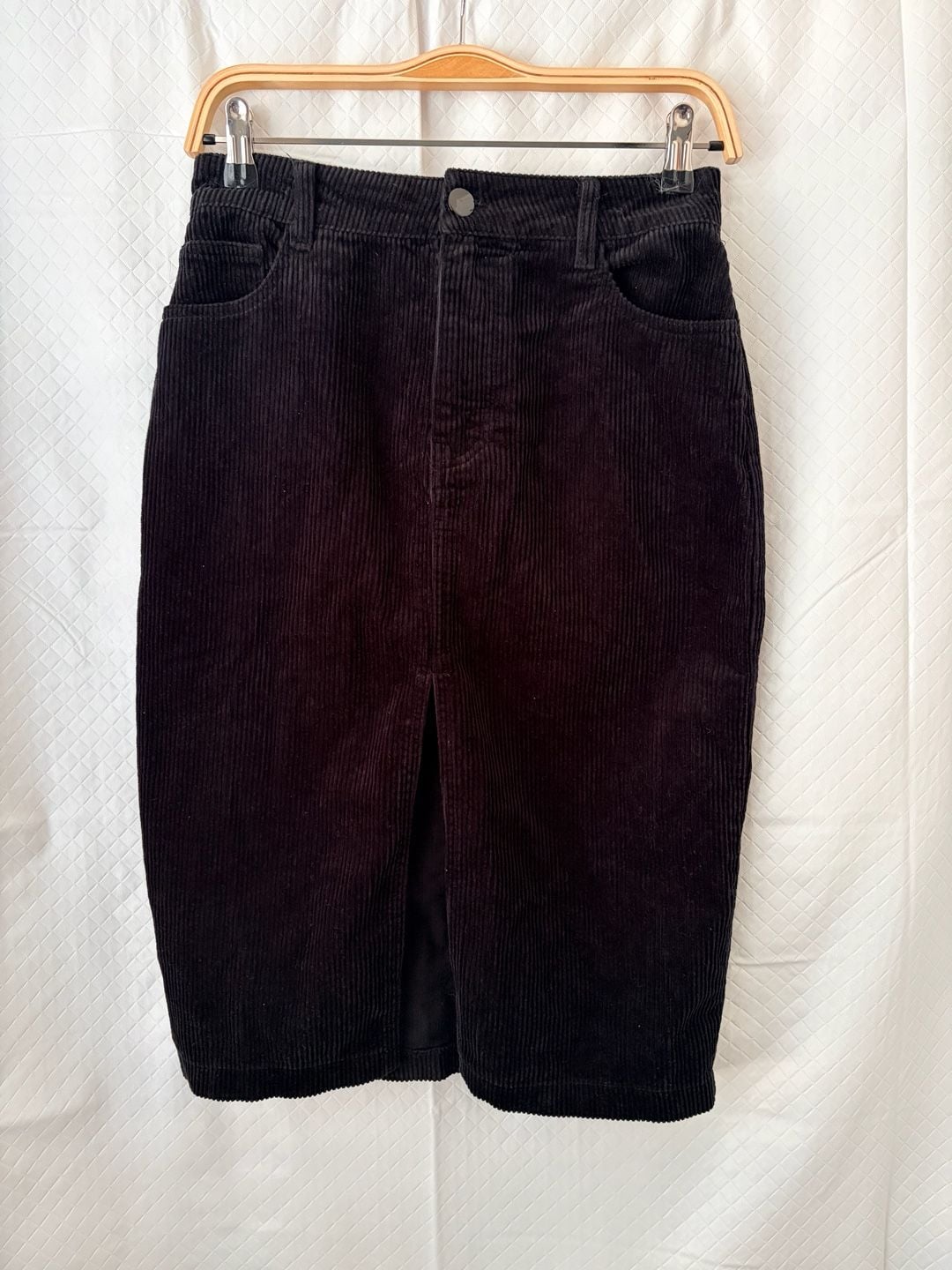 Forever 21 Black Corduroy Midi Skirt with Front Slit Size Small 2