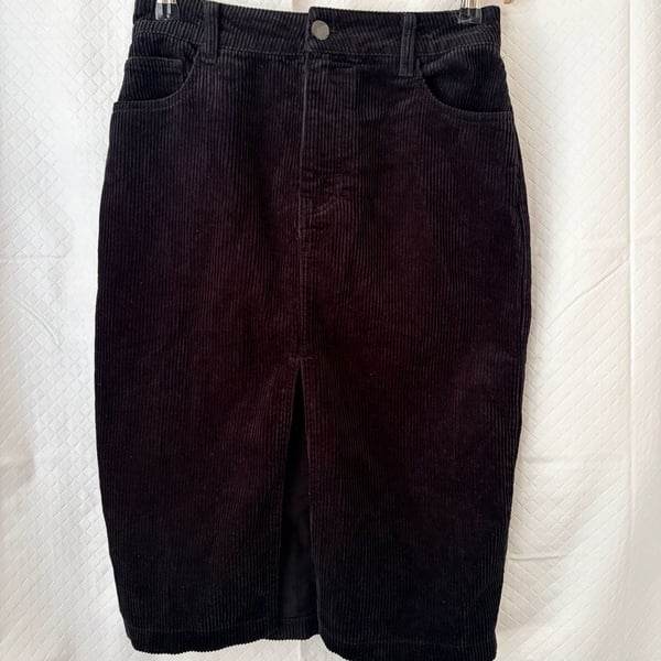 Forever 21 Black Corduroy Midi Skirt with Front Slit Size Small