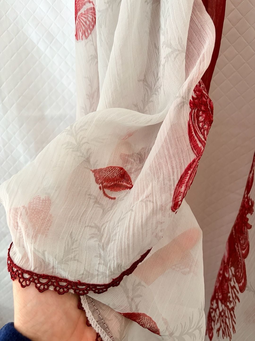 Shein Red Coral & Seashell Print Scarf with Lace Trim 5