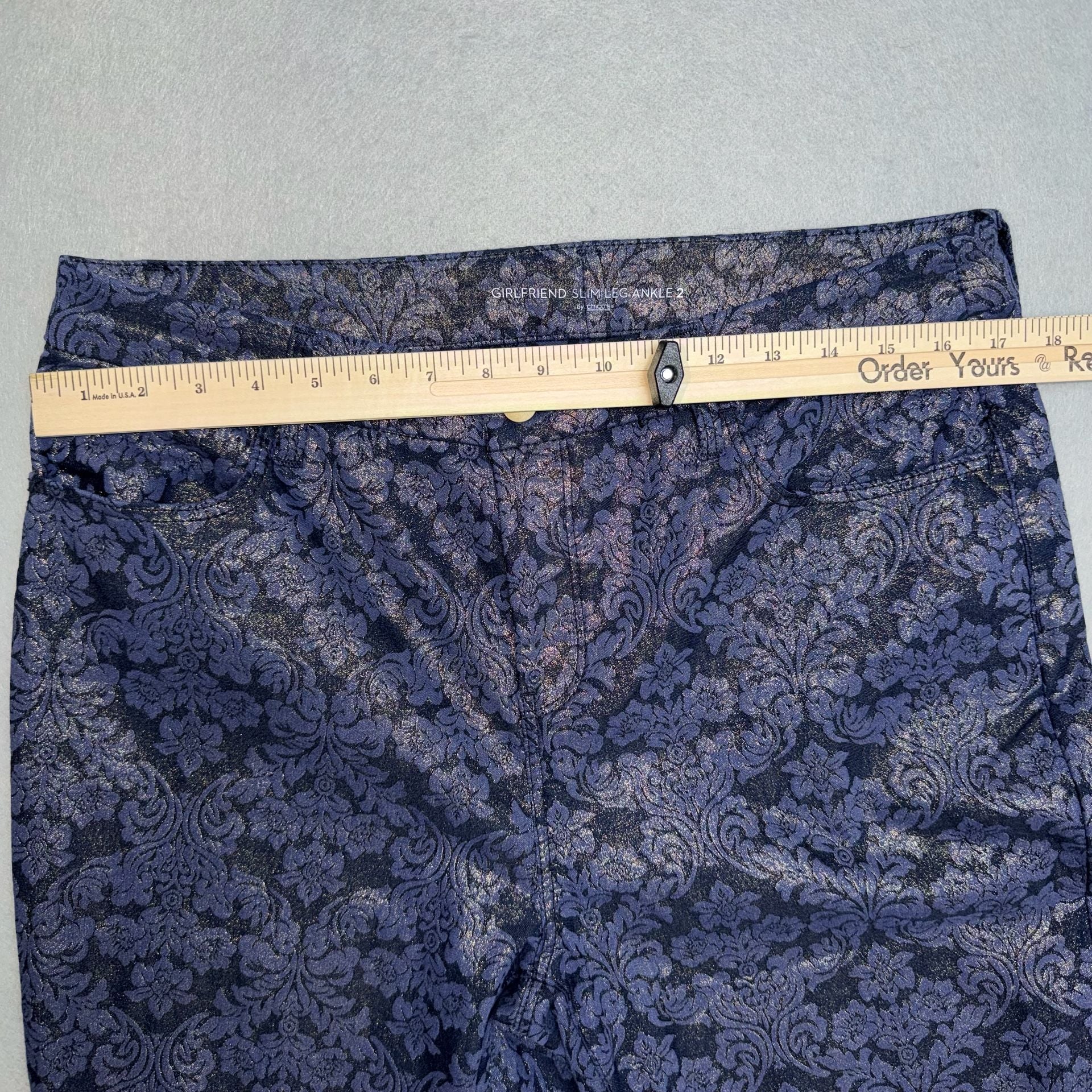 Chico's Girlfriend Metallic Damask Slim Ankle Pants Size 2 10