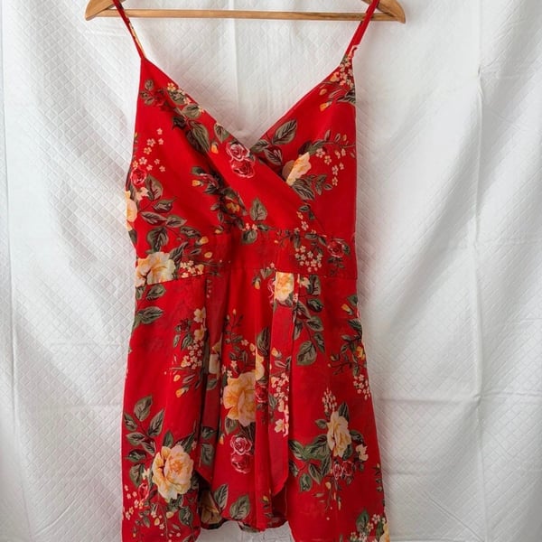 Purple Snow Red Floral Surplice Smocked Back Romper Dress Size XL