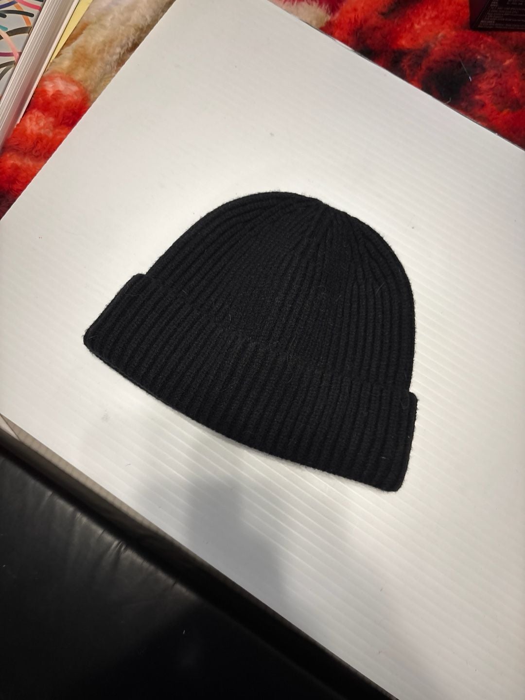 Black Ribbed Knit Cuffed Beanie Hat 1