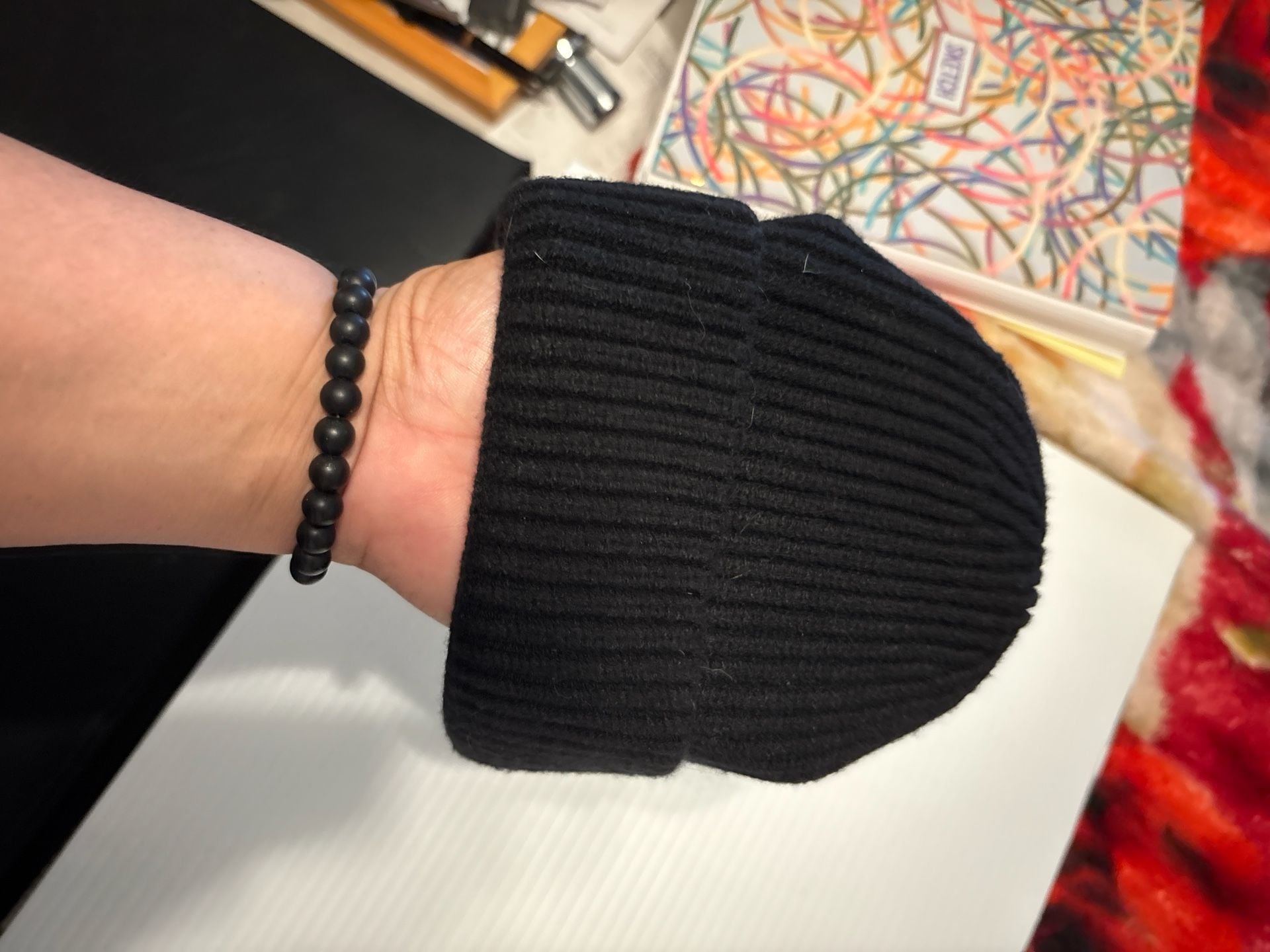 Black Ribbed Knit Cuffed Beanie Hat 2