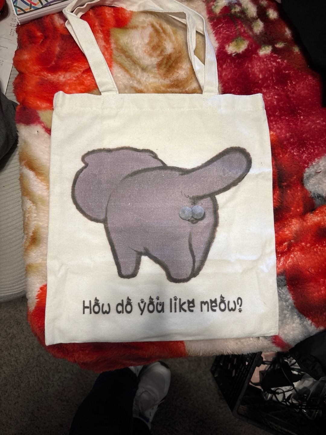 Funny Cat Butt Canvas Tote Bag How Do You Like Meow? with Pom Poms 2