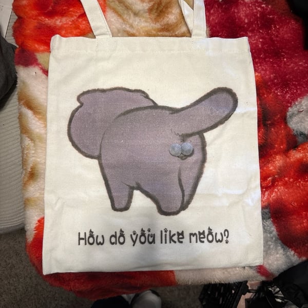 Funny Cat Butt Canvas Tote Bag How Do You Like Meow? with Pom Poms