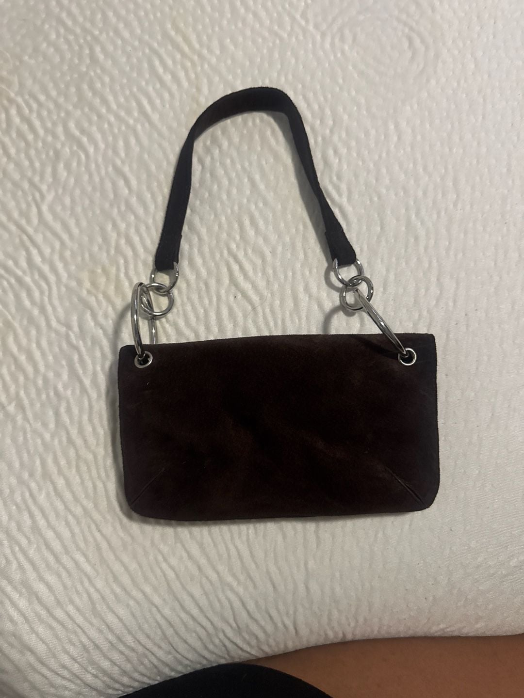 Wilsons Leather Maxima Brown Suede Small Shoulder Bag with Silver Ring Hardware 1