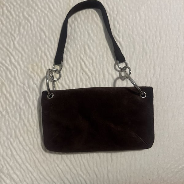 Wilsons Leather Maxima Brown Suede Small Shoulder Bag with Silver Ring Hardware
