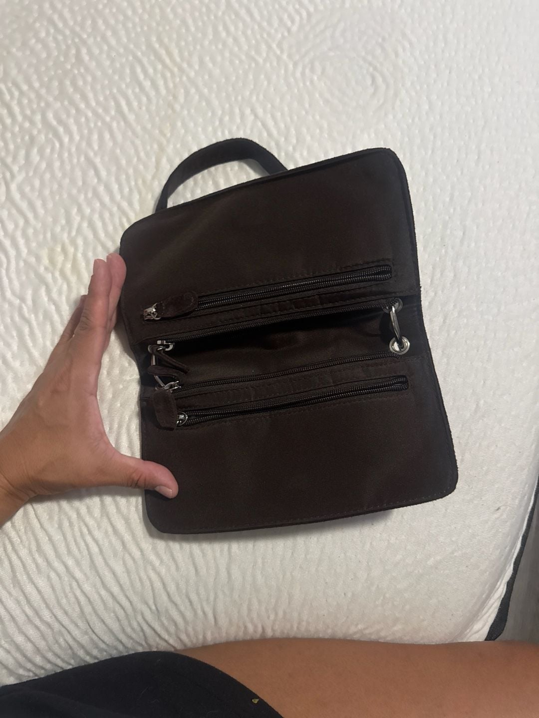 Wilsons Leather Maxima Brown Suede Small Shoulder Bag with Silver Ring Hardware 2