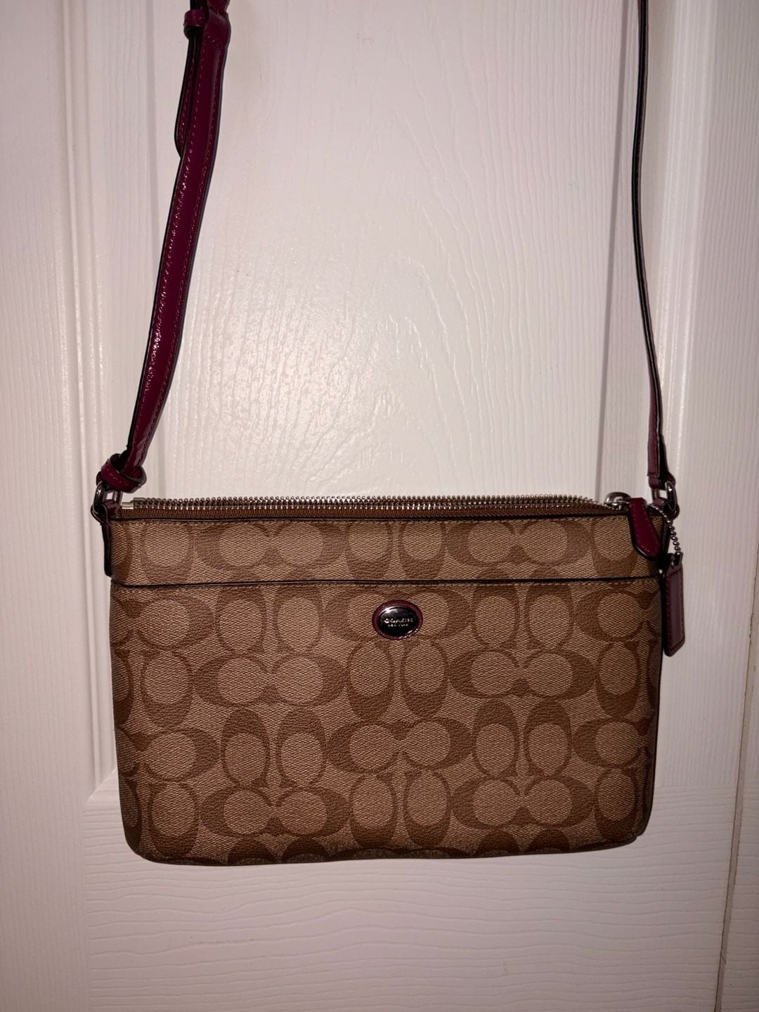 Coach North South Crossbody Bag in Signature Canvas with Pink Trim 2