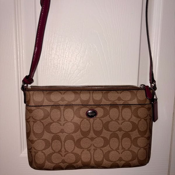Coach North South Crossbody Bag in Signature Canvas with Pink Trim