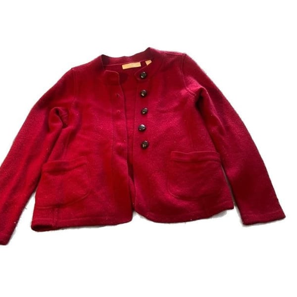 Kate Hill Red 100% Merino Wool Button Front Cardigan Jacket Size S