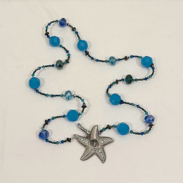 Coastal  Summer Beachy Blue & Green Beaded Starfish Toggle Necklace 26 Inch