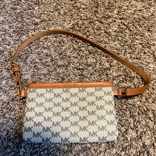 Michael Kors Signature Logo Belt Bag Fanny Pack Tan and Grey