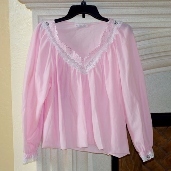 Vintage Komar Pink Lace Trim Long Sleeve Sleep Top Size M