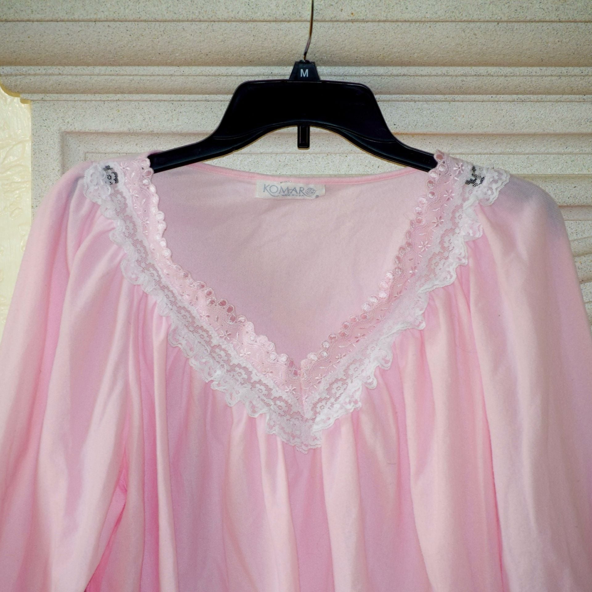 Vintage Komar Pink Lace Trim Long Sleeve Sleep Top Size M 2