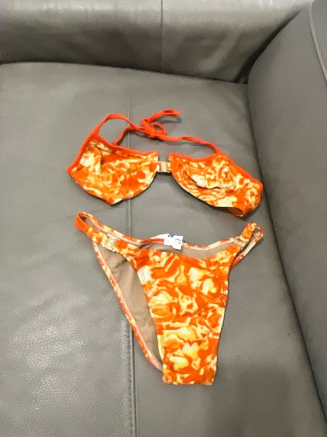Vintage Y2K Brazilian Fluidos Orange Marble Print Underwire Bikini Set Size M 1