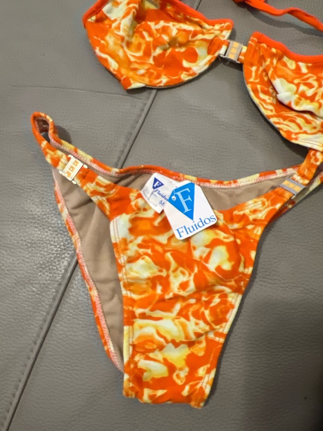 Vintage Y2K Brazilian Fluidos Orange Marble Print Underwire Bikini Set Size M 3