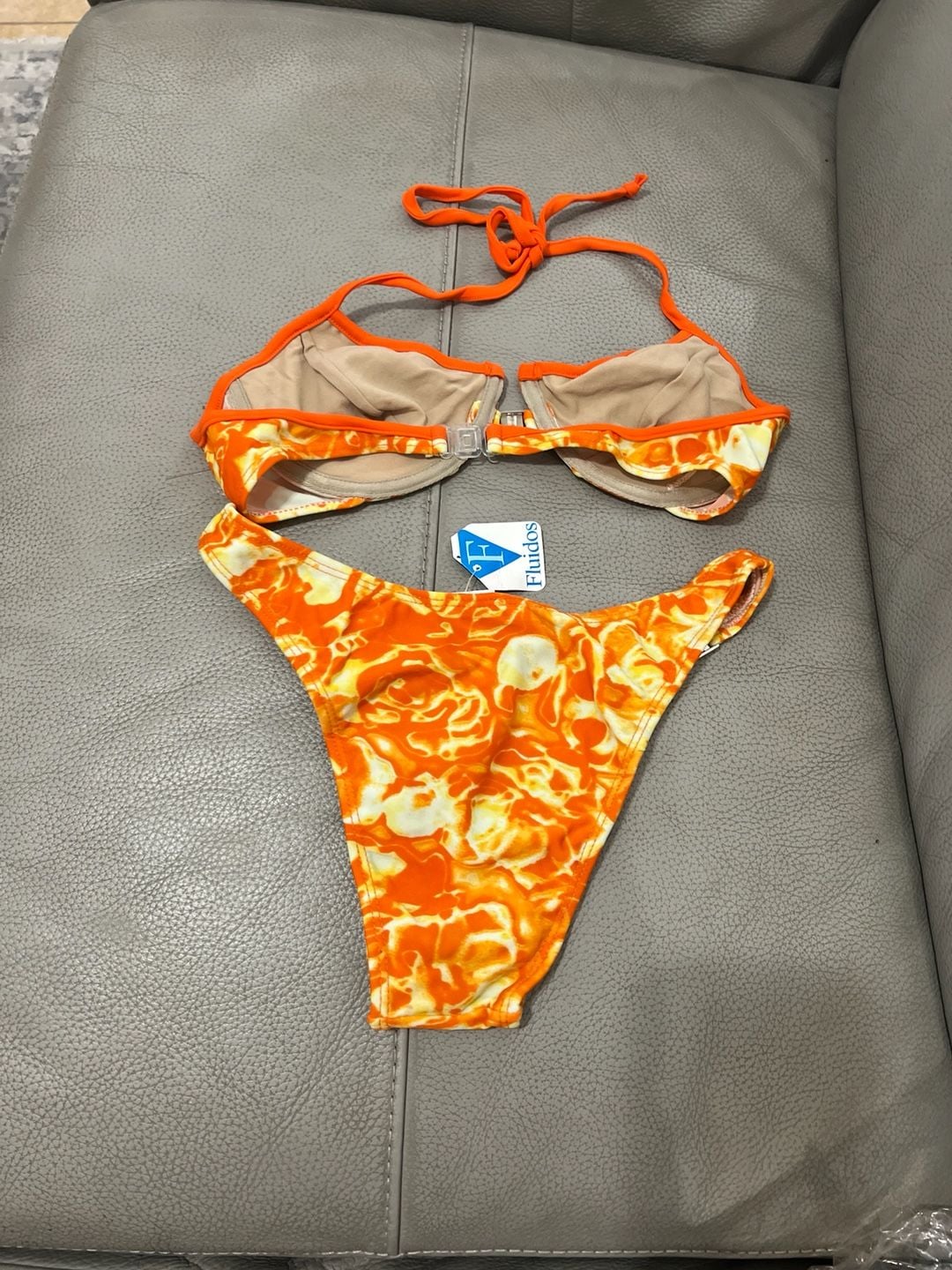 Vintage Y2K Brazilian Fluidos Orange Marble Print Underwire Bikini Set Size M 4