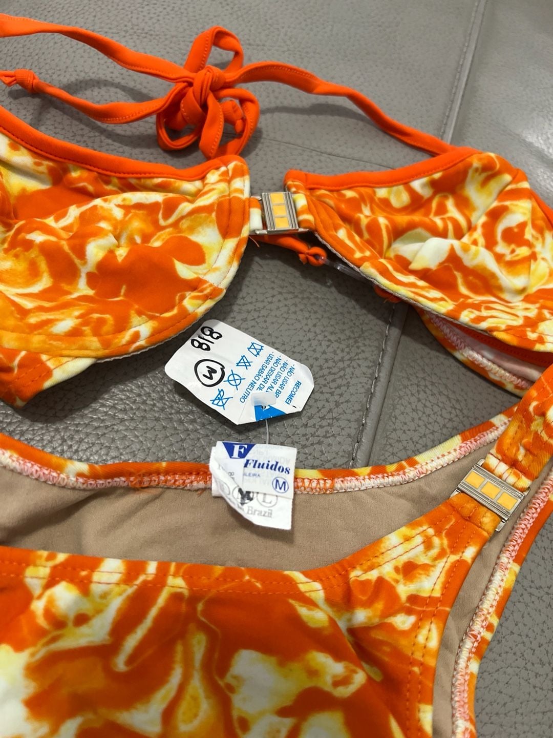 Vintage Y2K Brazilian Fluidos Orange Marble Print Underwire Bikini Set Size M 6