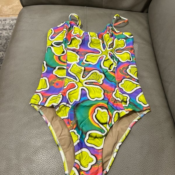 Retro Y2K Fluidos Psychedelic Floral One-Piece Swimsuit Size M Made in Brazil