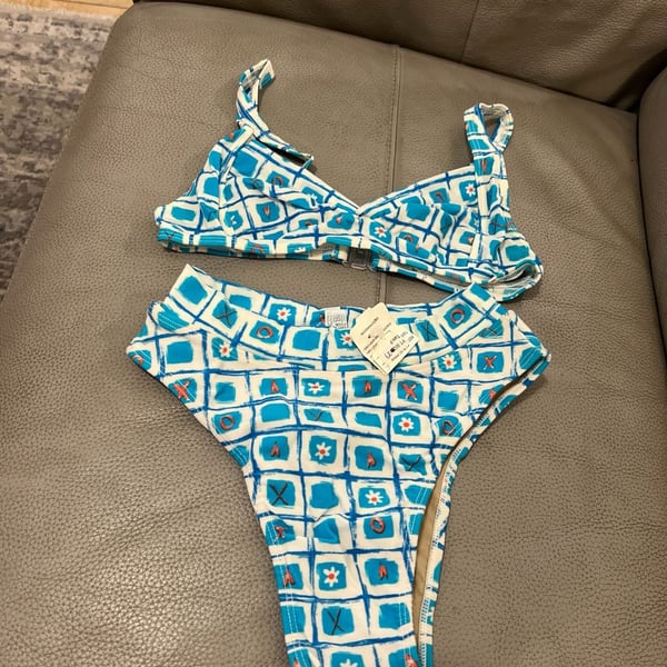 Vintage Pontal & CIA Blue Geometric Floral High Waisted Bikini  Small Brazilian 
