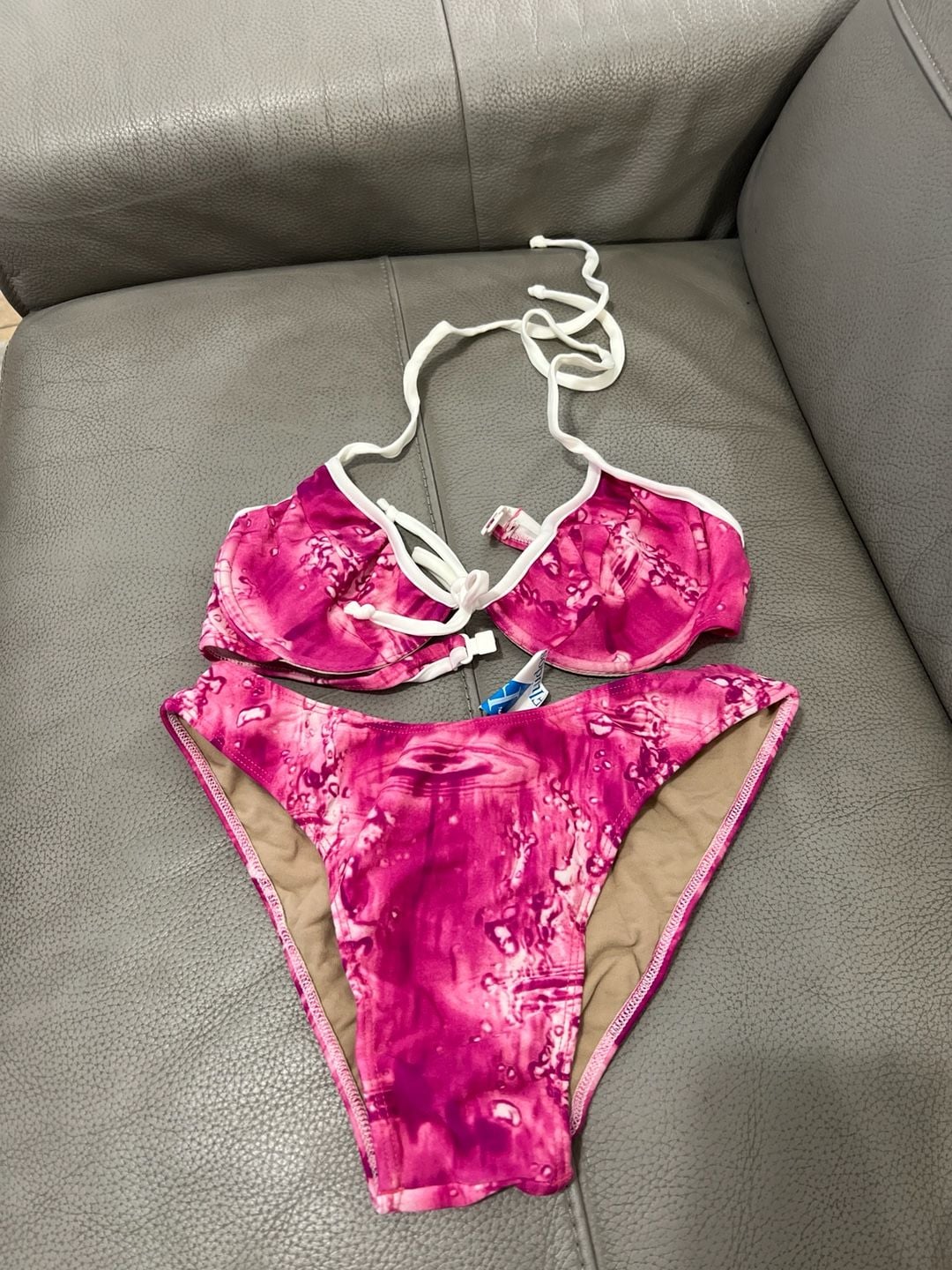 Y2K Brazilian Fluidos Pink Abstract Water Print Underwire Bikini Set Size M 1