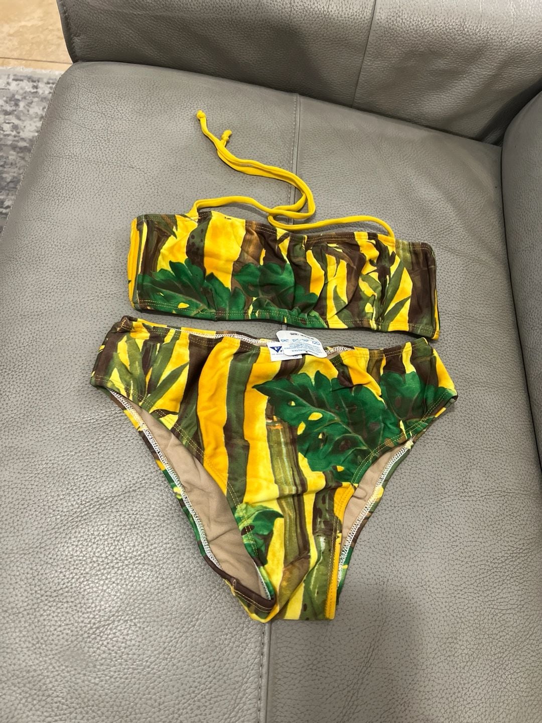 Y2K Brazilian Fluidos Tropical Bamboo Monstera Print Bandeau Bikini Set Size M 1