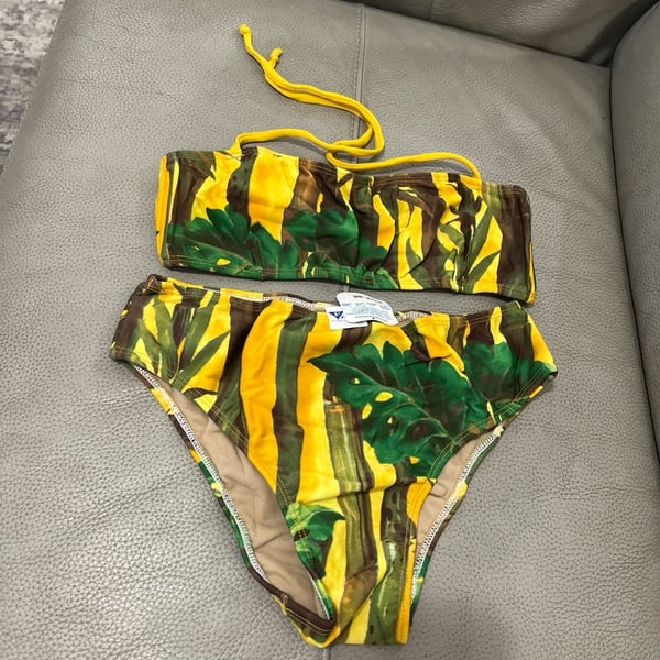 Y2K Brazilian Fluidos Tropical Bamboo Monstera Print Bandeau Bikini Set Size M
