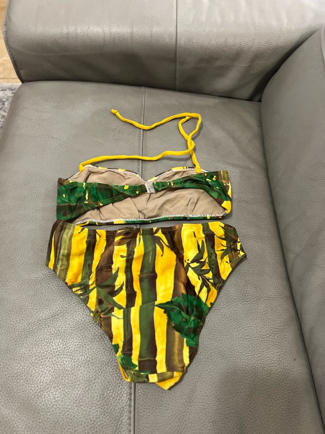 Y2K Brazilian Fluidos Tropical Bamboo Monstera Print Bandeau Bikini Set Size M 4