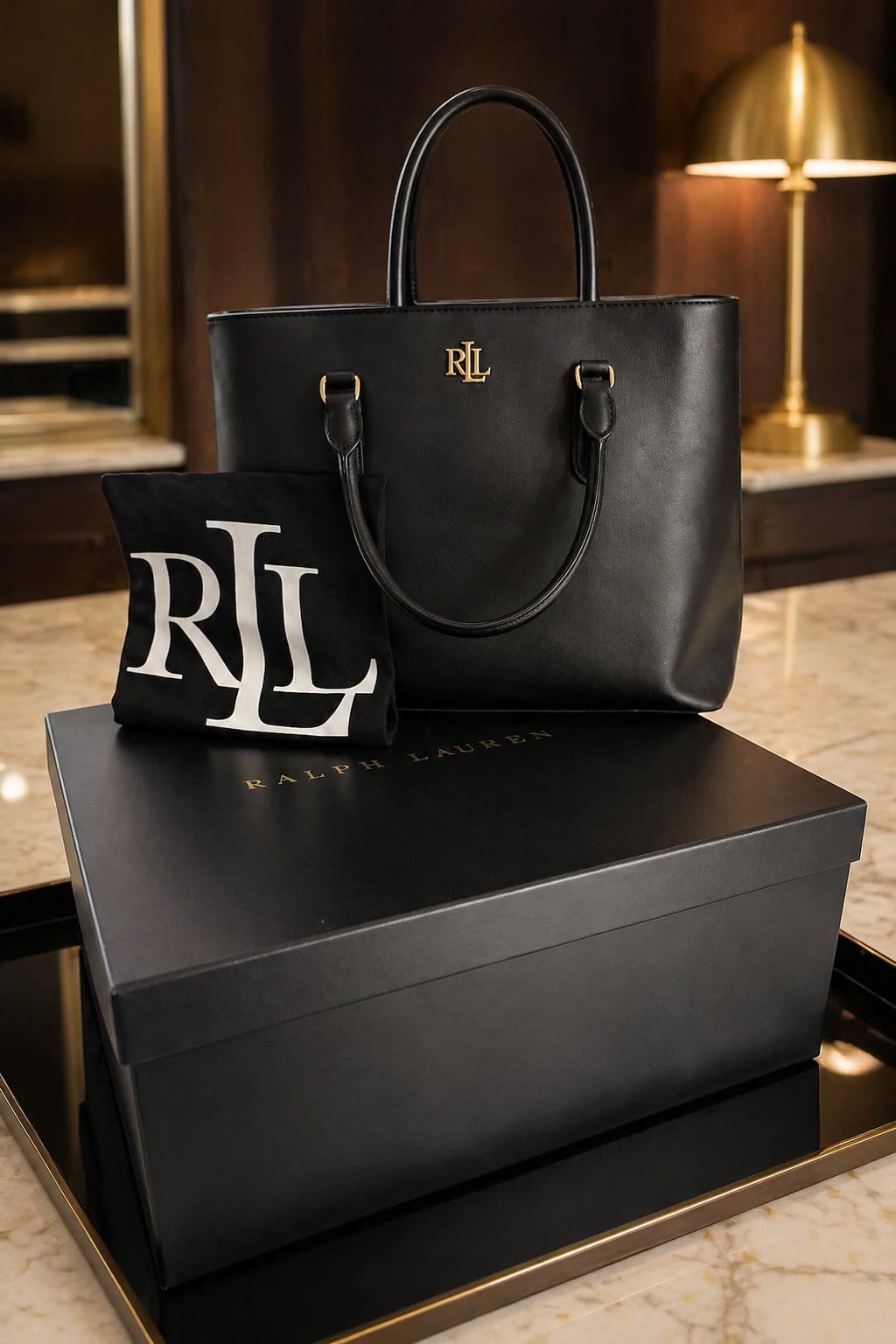 Lauren Ralph Lauren Marcy Black Leather Tote Bag with Box and Dust Bag 1