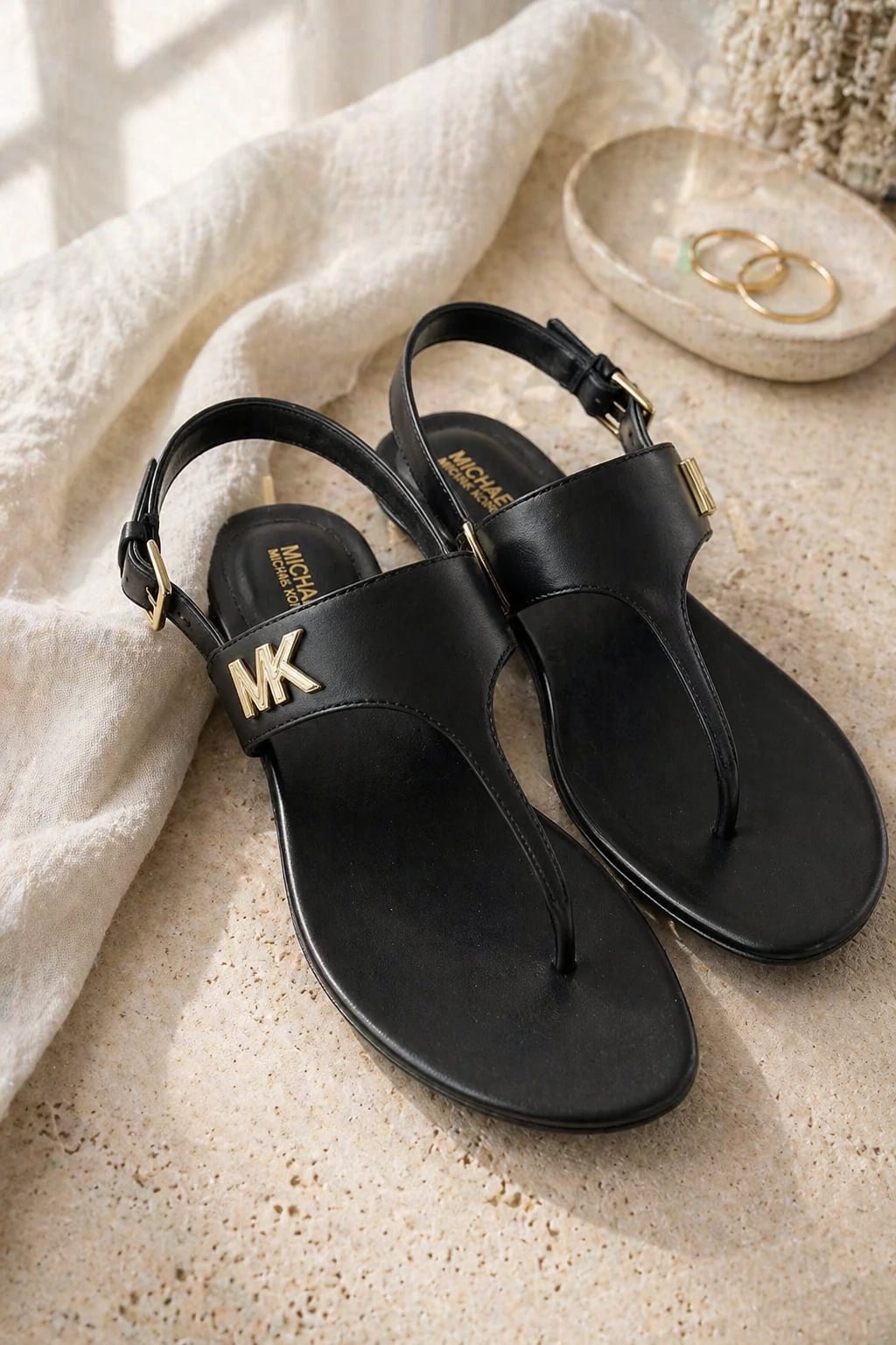 Michael Kors MK Plate Black Leather Thong Slingback Sandals 1