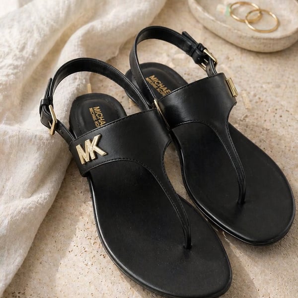 Michael Kors MK Plate Black Leather Thong Slingback Sandals