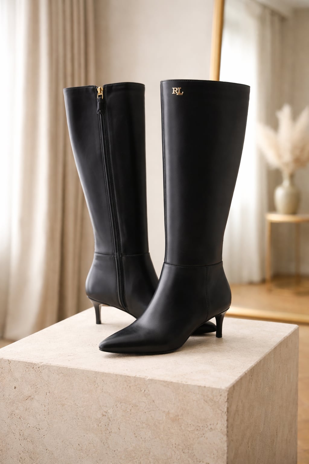 Lauren Ralph Lauren McKay Tall Leather Kitten Heel Boots Black Size 7 2