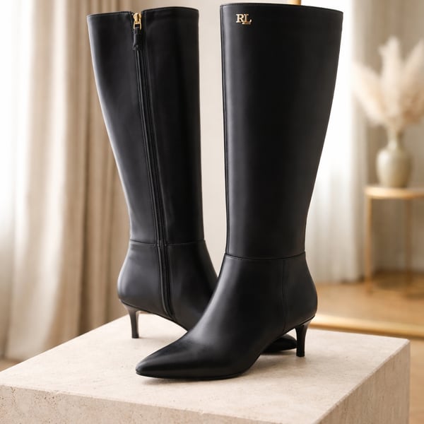 Lauren Ralph Lauren McKay Tall Leather Kitten Heel Boots Black Size 7