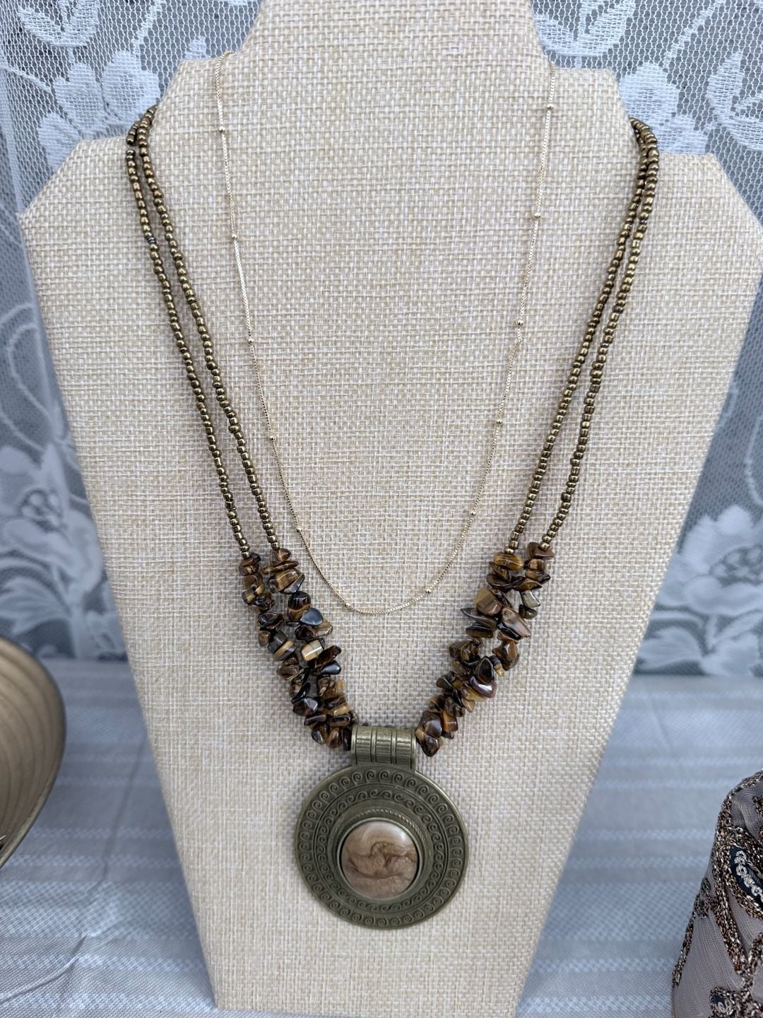 Boho Multi-Strand Tiger's Eye Chip & Bronze Medallion Statement Necklace 2