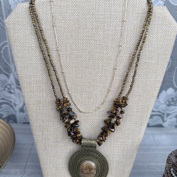 Boho Multi-Strand Tiger's Eye Chip & Bronze Medallion Statement Necklace